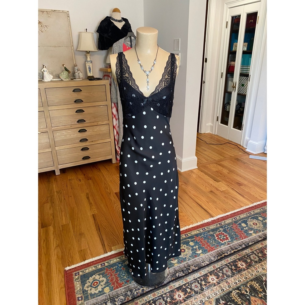Trixxi Los Angeles Black Polka Dot Lace Bodice Midi Slip Dress Size M